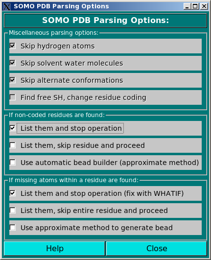 SOMO PDB Parsing Options Screen